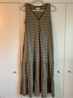Pact Organic Green Stripe Tiered Midi Sundress size medium